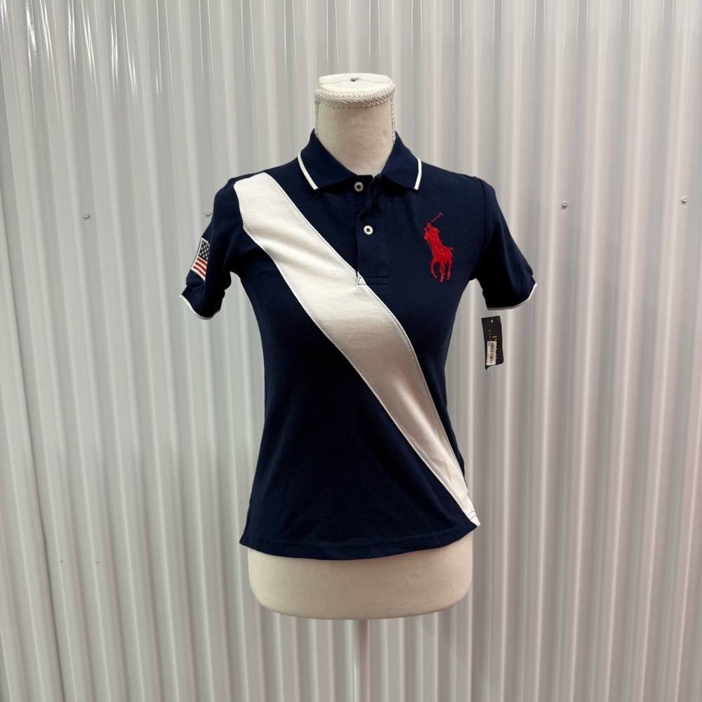 Ralph Lauren Navy Polo with White Diagonal Stripe and Red Pony